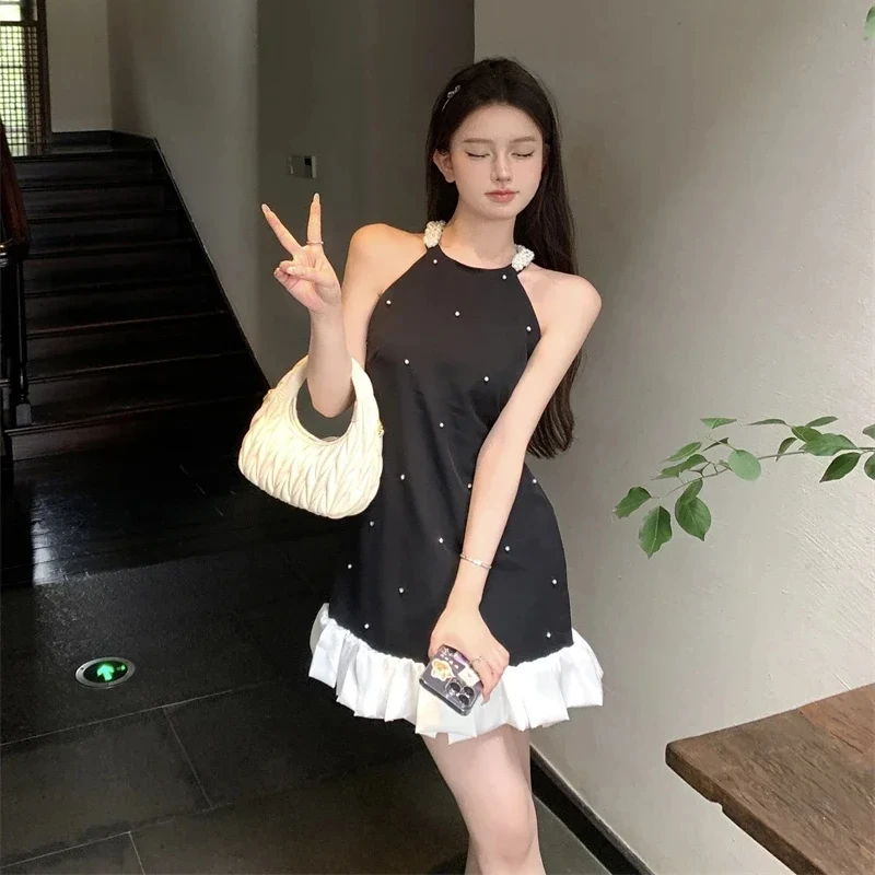 Elegant Short Black Sundress Women Summer New Retro Pearl Crystal Beading A-line Mini Dress French Chic Sleeveless Party Robe