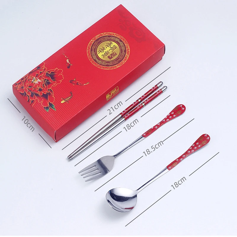 3PC Set of Blue and White Porcelain Tableware Stainless Steel Chopsticks Spoon Fork Gift Box Portable Travel Tableware Set