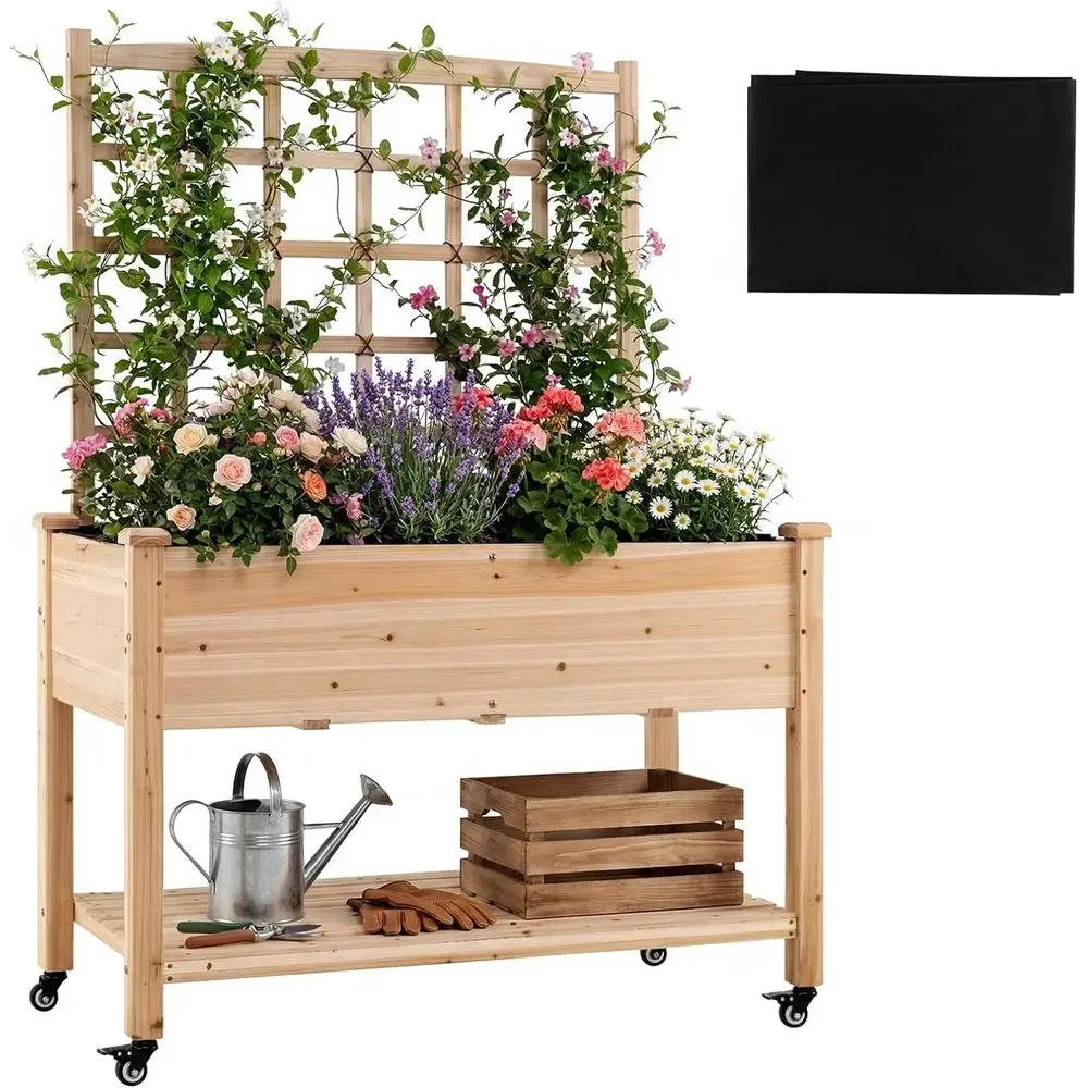 65 Mobile Wooden Elevated Garden Bed with Trellis, Wheels, Legs, Liner, and Drainage for Outdoor Vegetables and Herbs