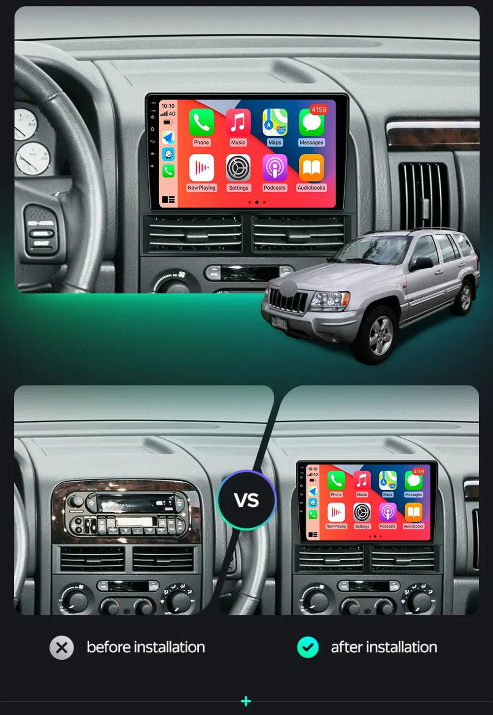 Android 14 Carplay autoradio For Jeep Grand Cherokee II WJ 1998 - 2004 navigazione GPS lettore multimediale Stereo WIFI + 4G DVD