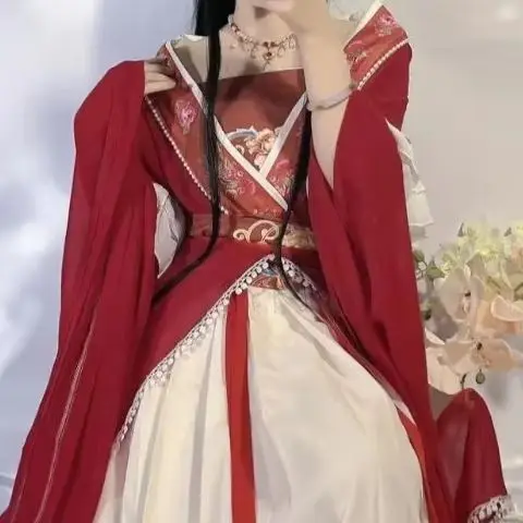 

Комплект из 5 предметов, элегантный праздничный комплект с юбкой для девочек, красное платье в китайском стиле, платье ханьфу, женская длинная юбка с традиционным принтом для косплея