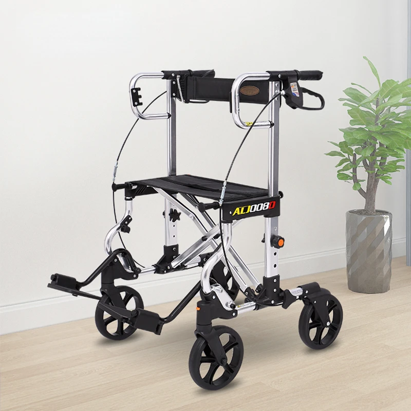 One Click Folding Walkers for Adults, Adjustable Height Shopping Adult Walking Cart, Aluminum Alloy Four-wheel Walking Aids