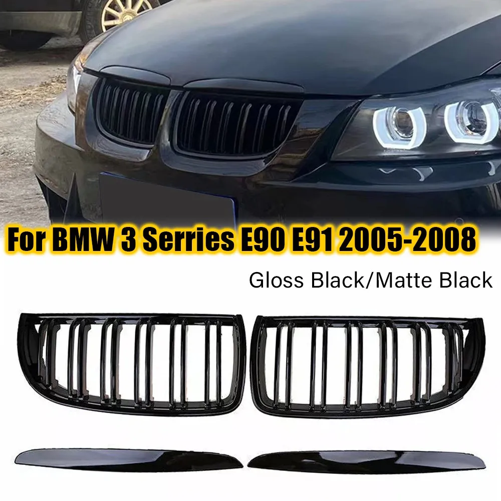 

For BMW 3 Series E90 E91 2005-2008 Car Styling Double Line Grille Kidney ABS Front Hood Racing Grill Black Silver Accessories