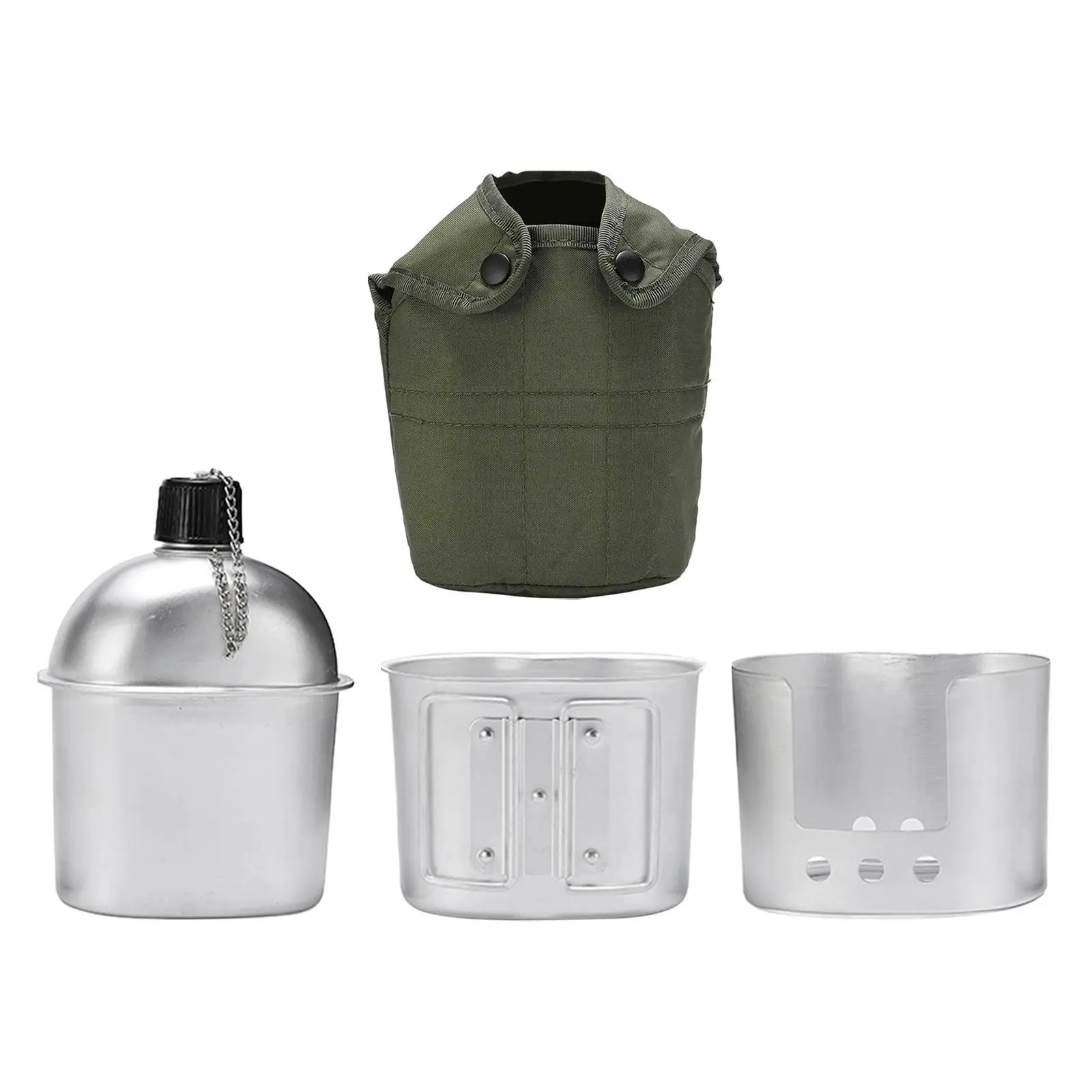 4pcs/set,Military Canteen Cookware Set Aluminum Alloy Canteen Multi-Functional Water Bottle with Grab Handled Cup Green Canvas