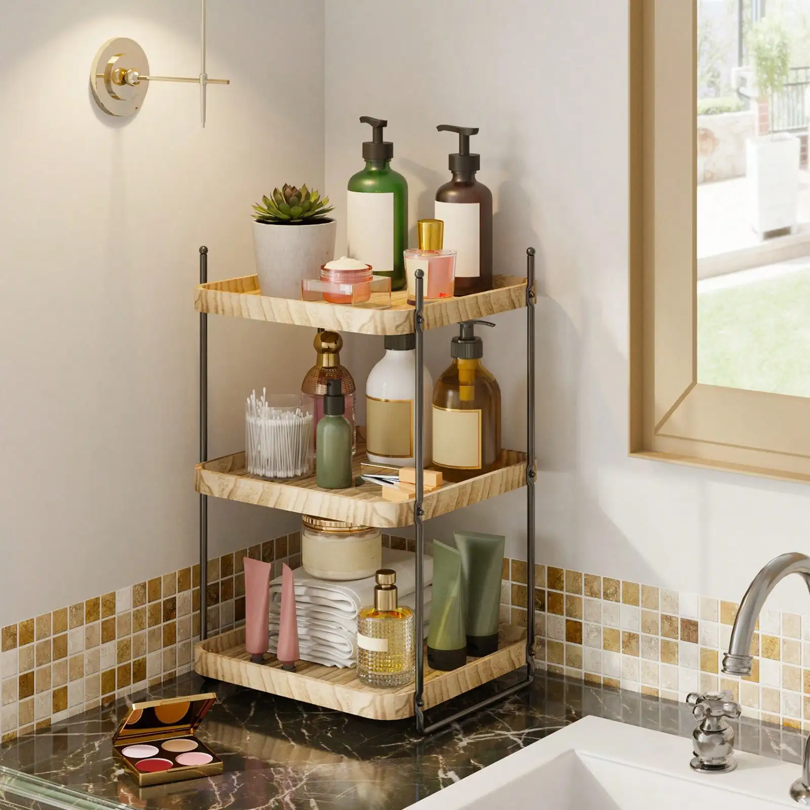 Organizador de vaidade de banheiro de canto de madeira de 2/3 camadas: bandeja de balcão Superlele para cômoda e decoração de casa