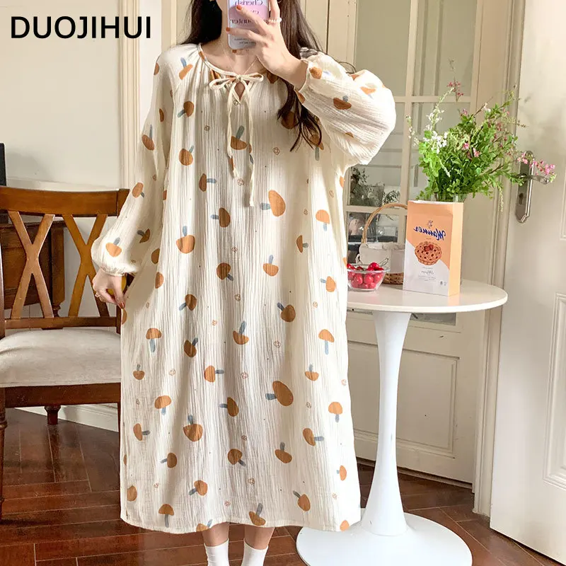 DUOJIHUI Contrast Color Loose Chicly Pace-up Female Nightgown Autumn Classic O-neck Simple Fashion 3-colors Soft Sleepwear Women