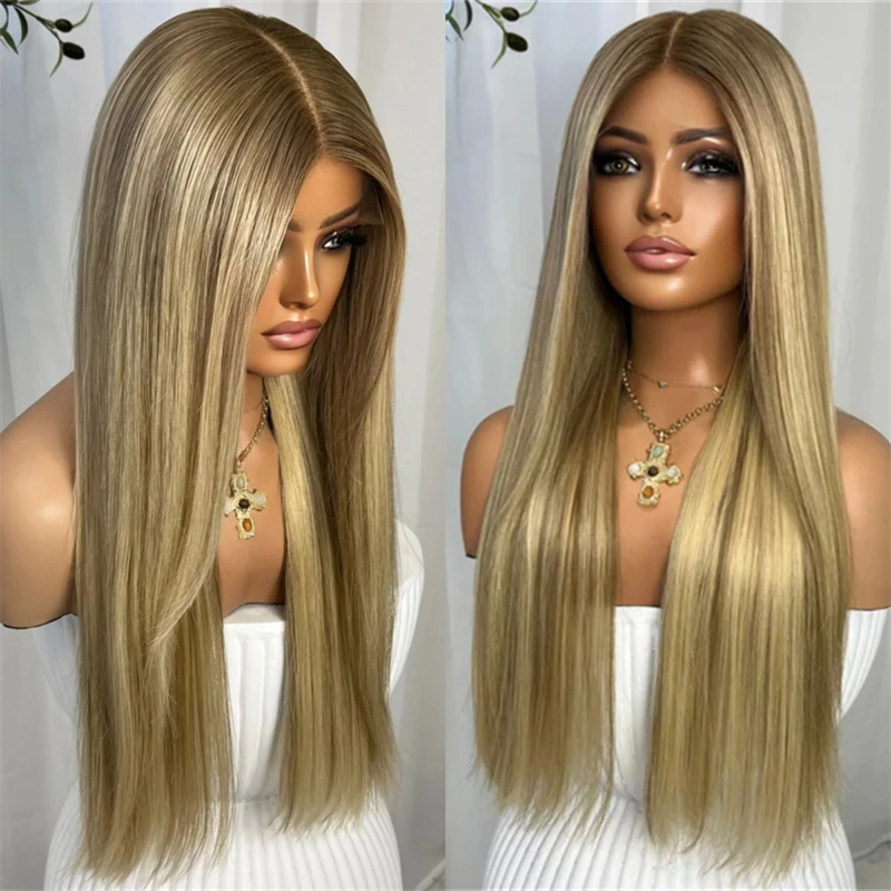 

Парик для вечеринок с эффектом омбре, золотисто-русый с балаяжем, HD-парик с кружевной передней частью, мягкий длинный прямой парик без клея, с натуральной предварительно проработанной линией роста волос