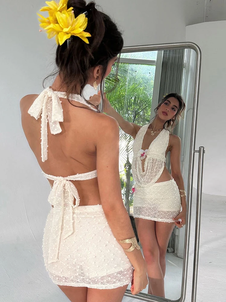 

Whatiwear Summer Chic 2-Piece Set Women 3d Flower Bandage Backless Swing Collar Vest+Elastic Waist Mini Skirt Sexy Streetwear