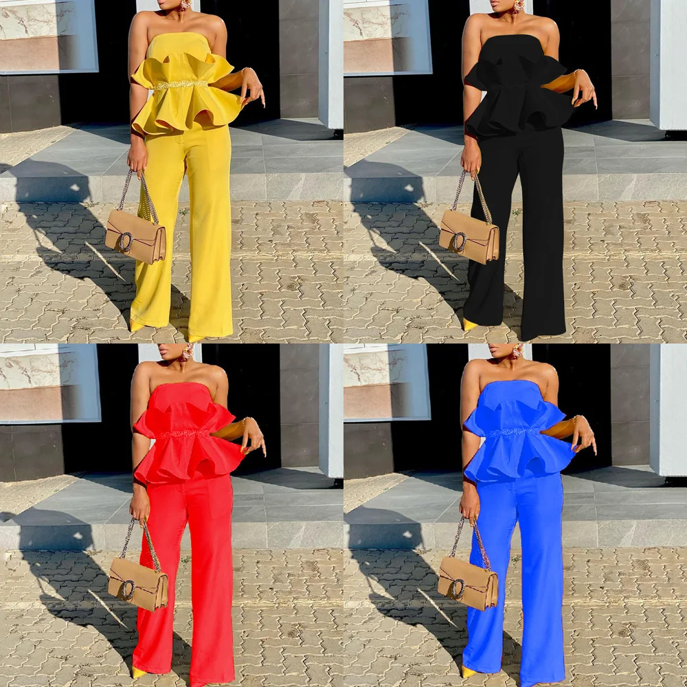 Spring and Summer Solid Color Strapless Elegant Wide Leg Pants with Ruffled Edges for Personalized Comfort and Casual Two-piece