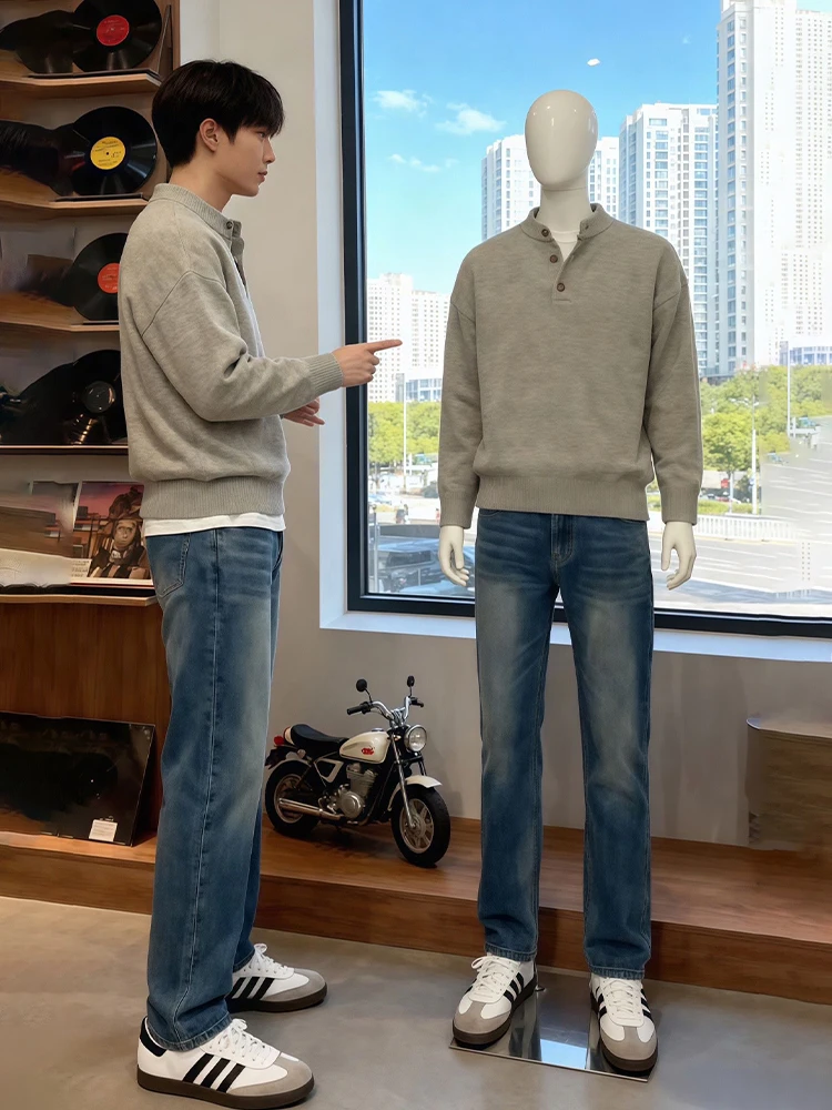 

Light ey American Sle Henry Collar Men's Knitwear Winter Inner Wear Fce Lined Casual Loose Fit Long Sve T-irt
