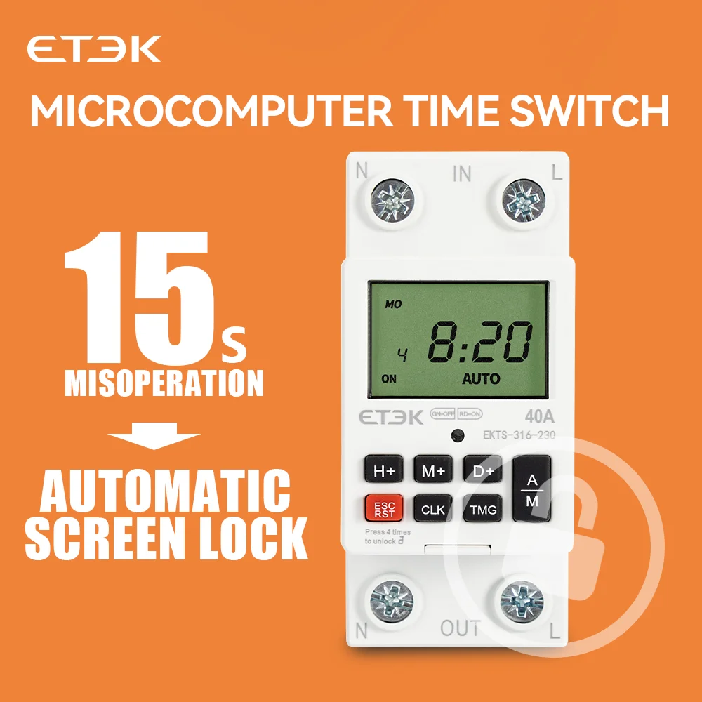 

ETEK 220V Din Rail Weekly Days Hour Programmable Intelligent relay 40A 2p with Battery 7 Days Countdown Timer EKTS316