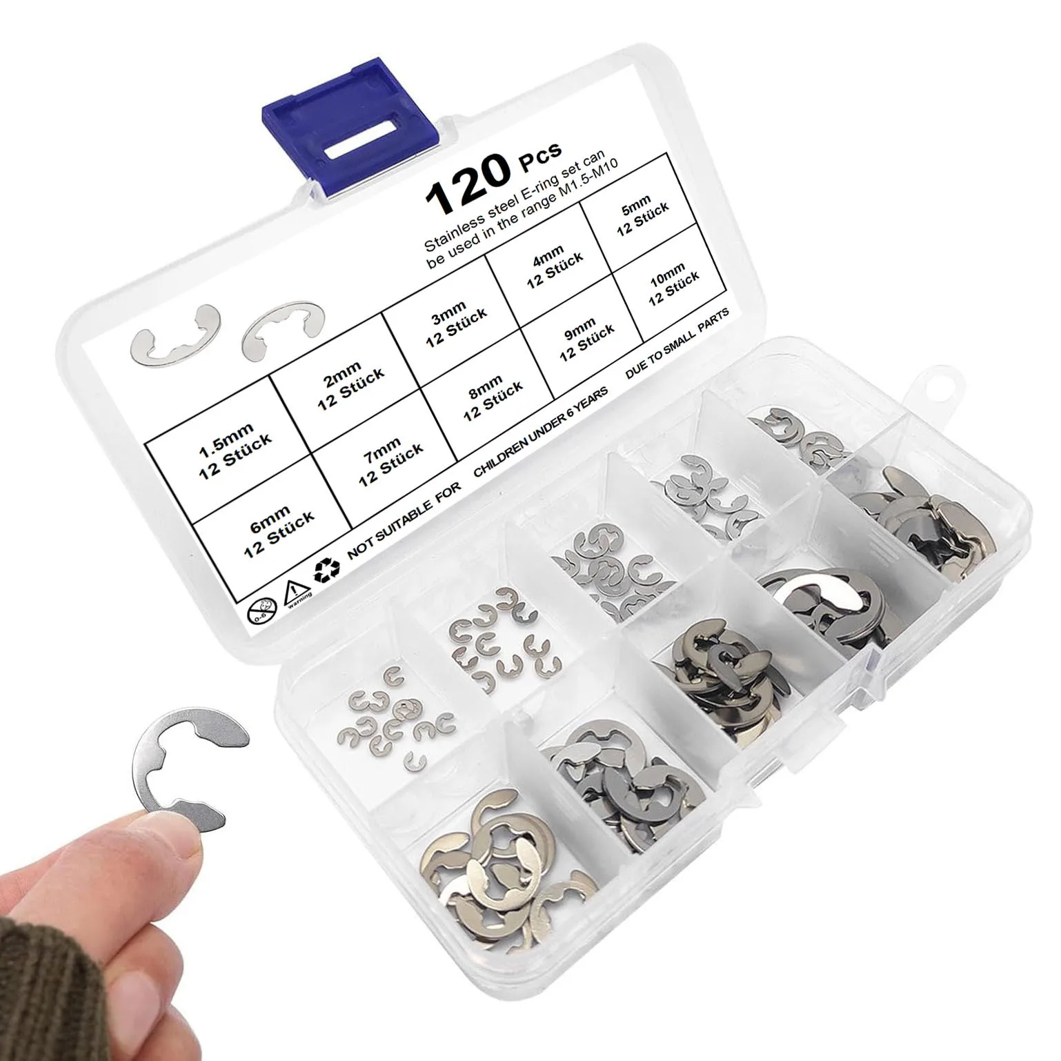 

120pcs 304 Stainless Steel E Clip M1.5M2M3M4M5M6M7M8M9M10 External Retaining Ring Circlip Washer Assortment kit Clip for Shaft
