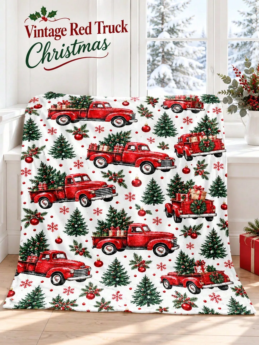 Christmas Flannel Blankets & Throws Pickup Trucks Trees Snowflakes Illustration for Sofa Bed Couch Bedroom Living Room Reading Nook Office Lounge Apartment Camper Travel Nap Cabin Home Decor Gifts Family Friends Thanksgiving Birthday Anniversary