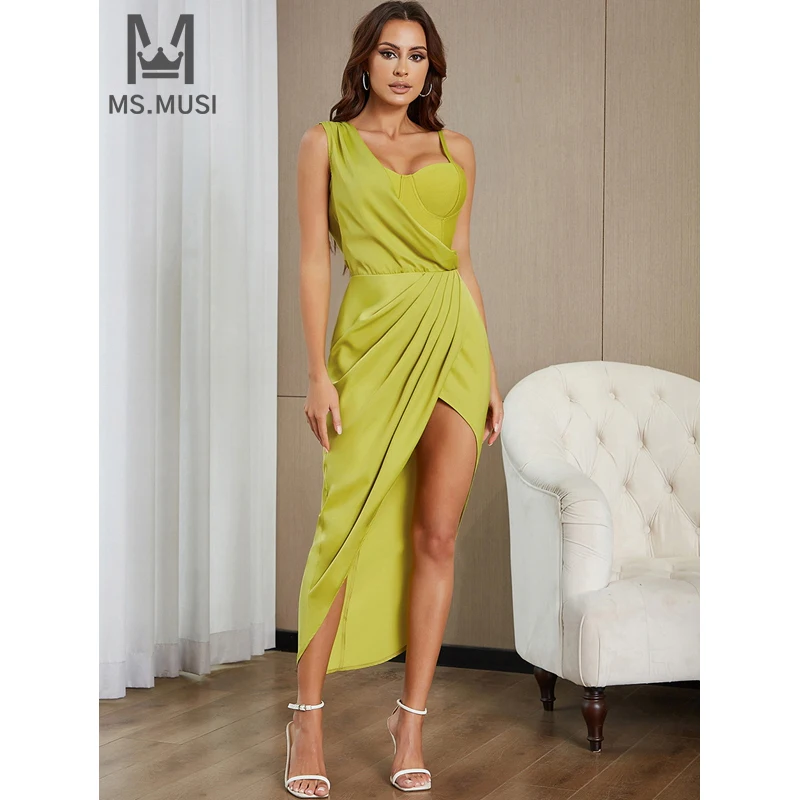 

MSMUSI 2024 New Fashion Women Sexy One Shoulder Strap Draped Sleeveless Backless Bandage Bodycon Party Club Event Midi Dress