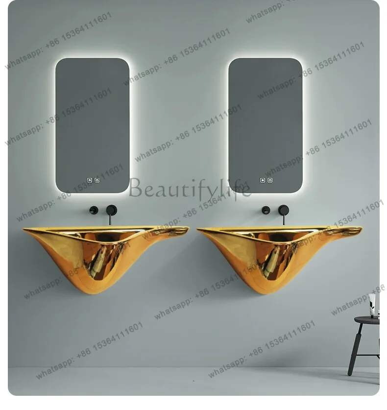 Gold hanging basin integrated ceramic round wall hanging wash basin