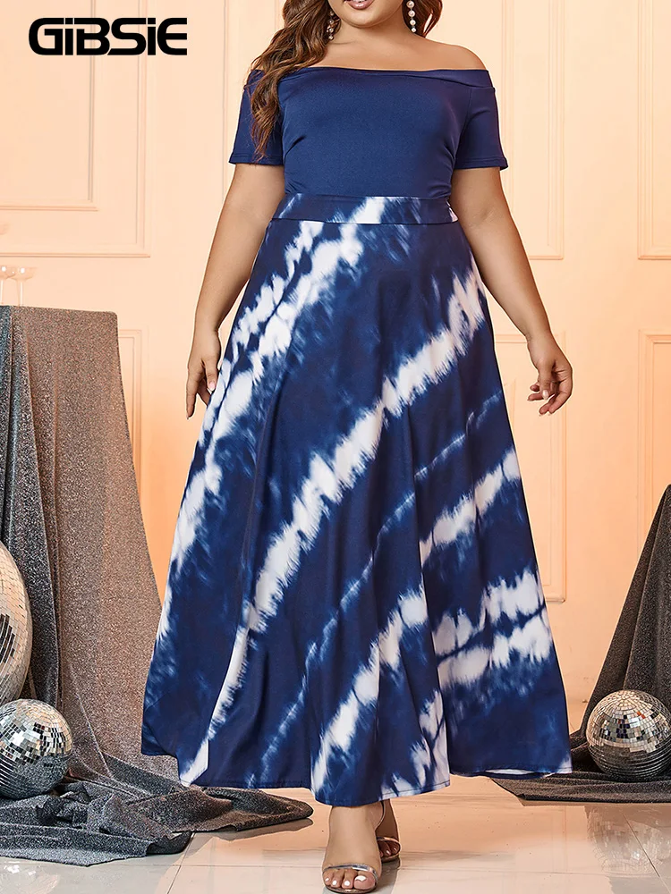 

GIBSIE Plus Size Off Shoulder Tie Dye Long Dress Women 2025 Summer Short Sleeve Vacation Casual High Waist Ladies A-Line Dresses