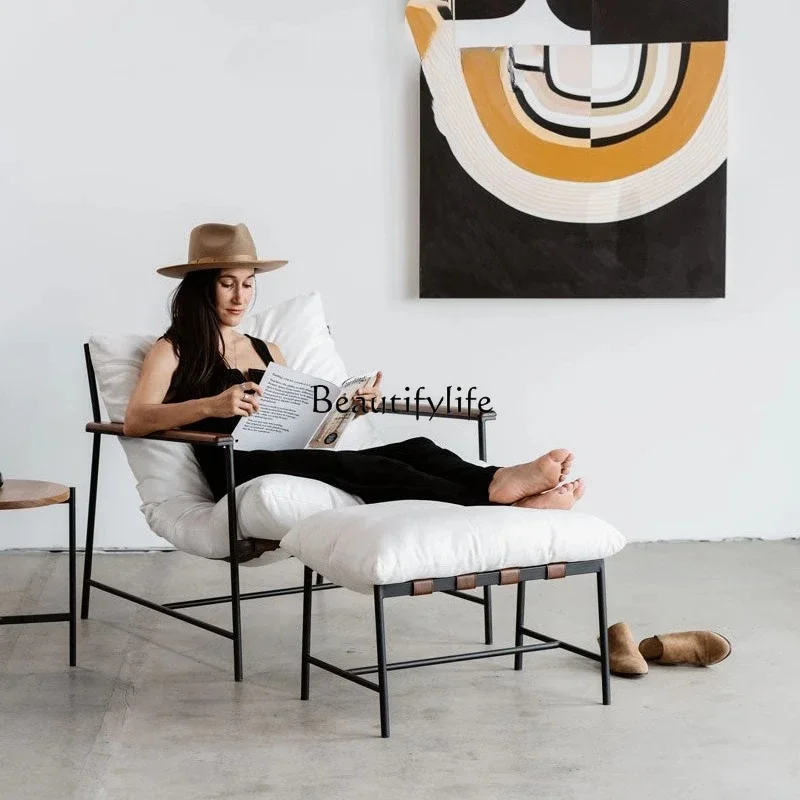 

02 Nordic Designer Cream Style Fabric Recliner Living Room Balcony Leisure Saddle Leather Single Sofa Chair