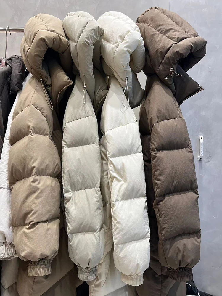 Winter 90 White Duck Down Hooded Jacket Thickened Warm Parker Coat Women Long Section Straight Over The Knee Loose Down Jacket