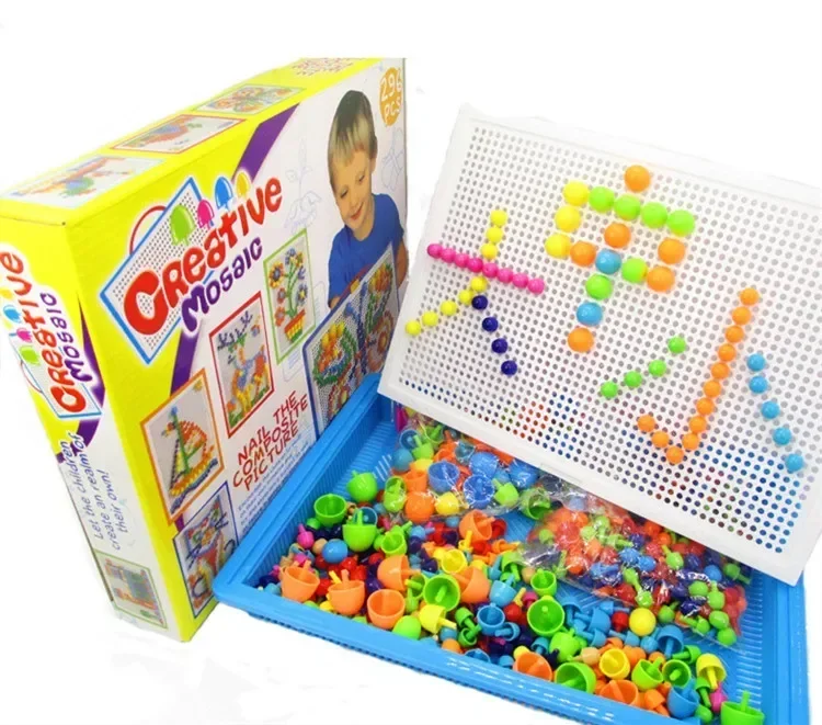 [Divertido] juego de rompecabezas de uñas de setas DIY, tablero perforado de mosaico creativo, juguetes educativos para bebés, cesta + tablero perforado + 296 Uds. Conjuntos de clavos