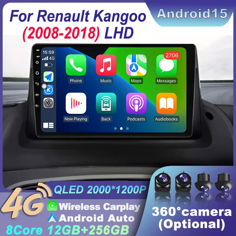 

Автомобильный радиоприемник с GPS-навигацией для Renault Kangoo 2008-2018 LHD Android 15 2Din Carplay, авто стерео 4G, мультимедийный плеер с сенсорным экраном