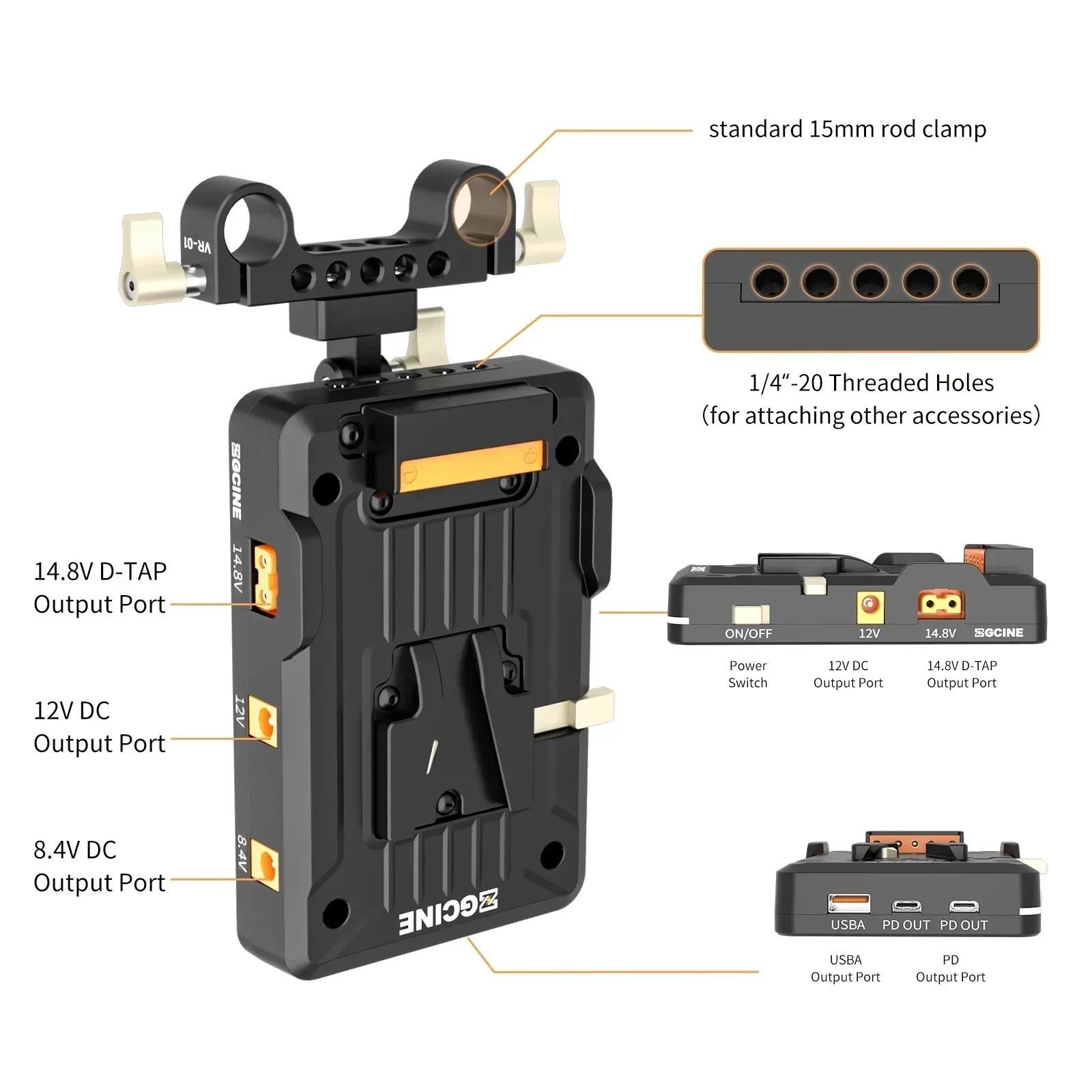 ZGCINE VM-VP1 v-lock batterie plaque adaptateur V montage PD 14.8V standard USB-C port de charge avec 15MM plus récent pince