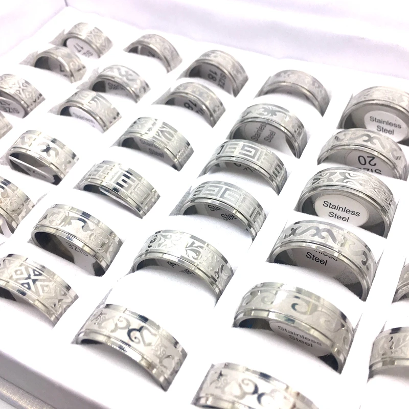 30pcs Stainless Steel Band Ring Mix Etched Patterns 8mm Fashion Jewelry Silver Gold Plated Wholesale Lot