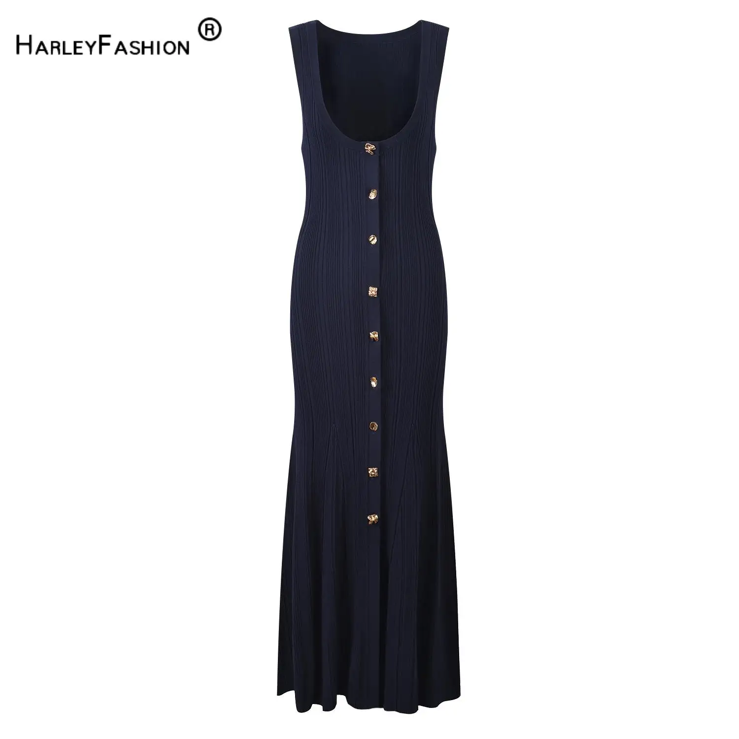 Summer New Arrival Deep-U Neckline Lady Solid Sleeveless Single-breasted Flared Hem Knit Long Dress For Women