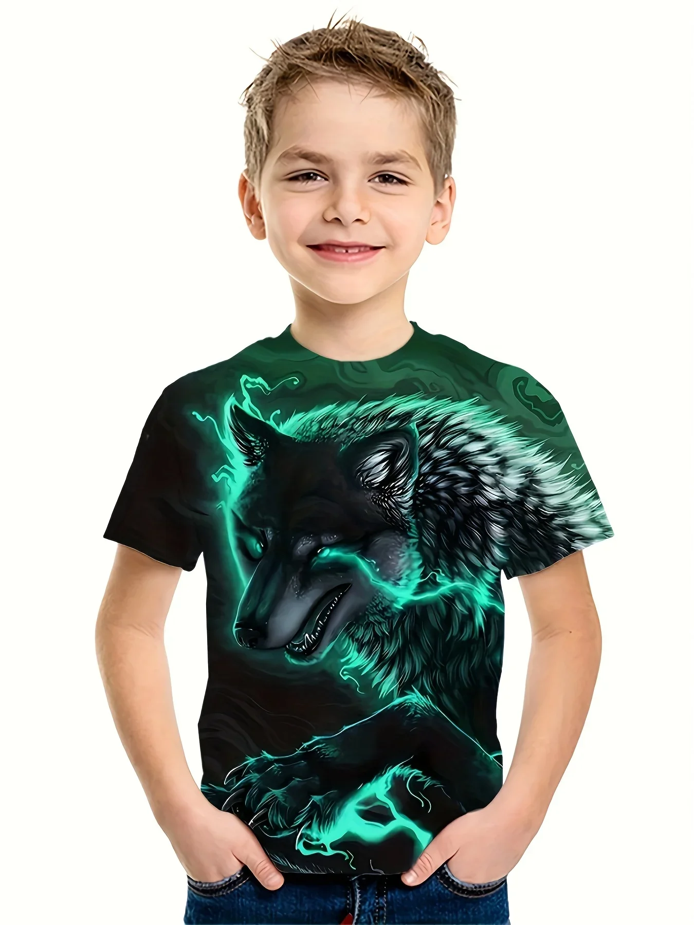 

Summer Wolf Lion Graphic T-Shirt for Kids 2025 New Arrival Active Breathable Stretchy 3D Printed Short Sleeve Tee