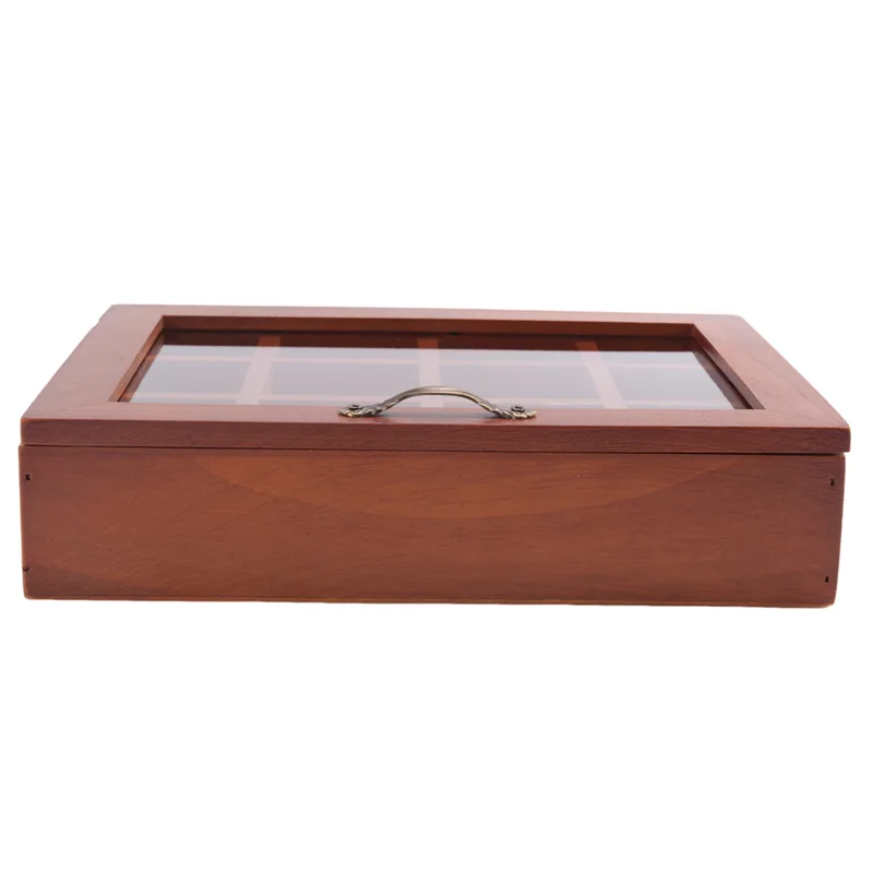 A55F-12 Grids Wooden Tea Bag Holder Sugar Packets Spice Pouches Storage Case Instant Coffee Bag Boxes With Clear Lid
