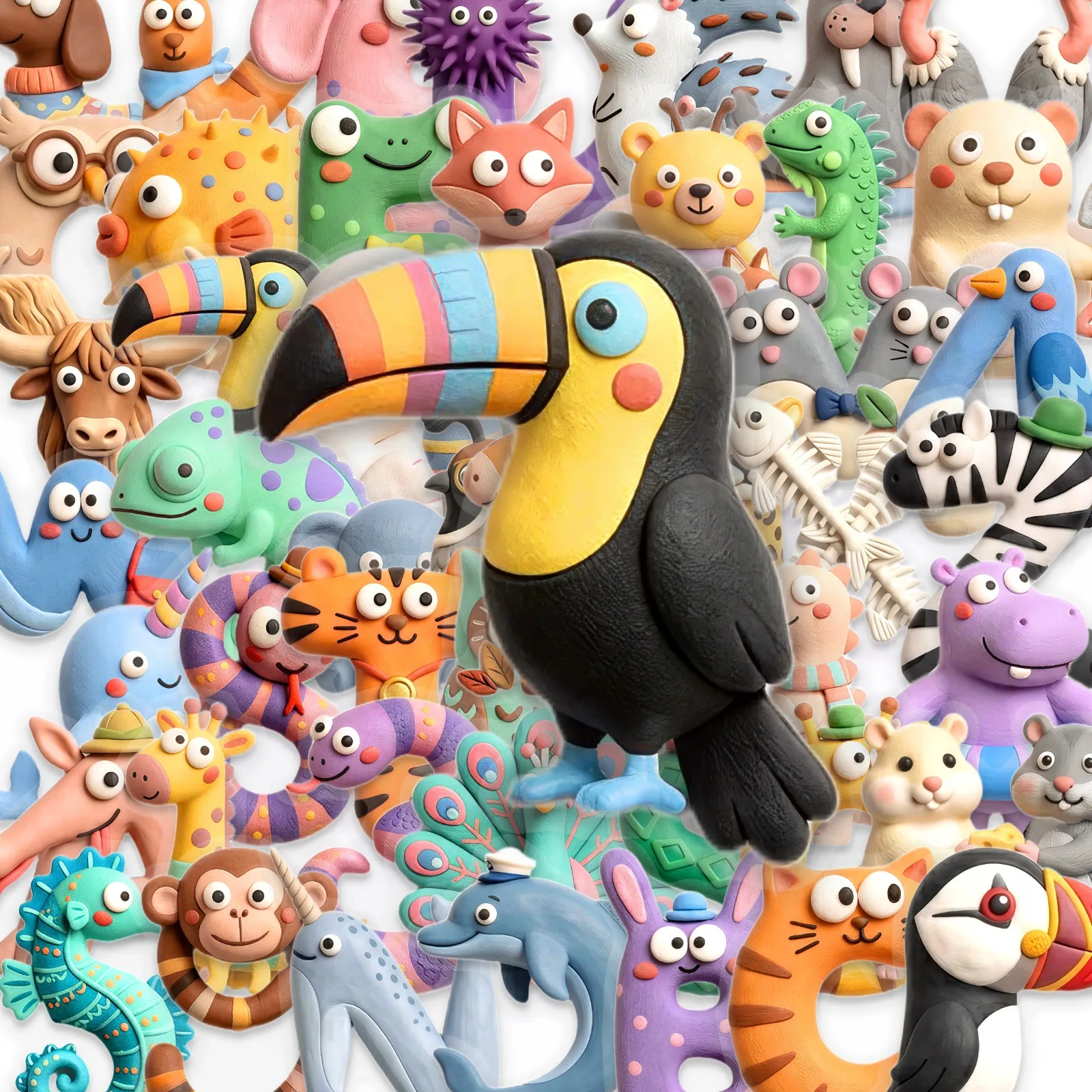 50PCS Cartoon 3D Clay Style Stickers Cute Letters Numbers Animals Transparent PET Waterproof Decals DIY Decor Graffiti Sticker
