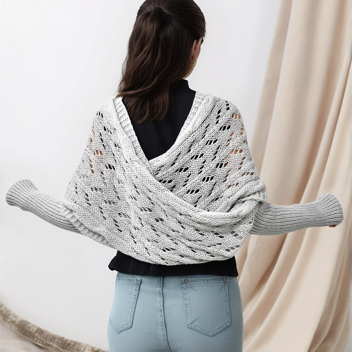 Women Multifunctional Scarf with Sleeves Solid Color Fashion Knitted Shawl Cable Wrap Breathe Hollow Shawl with Sleeves Warmer