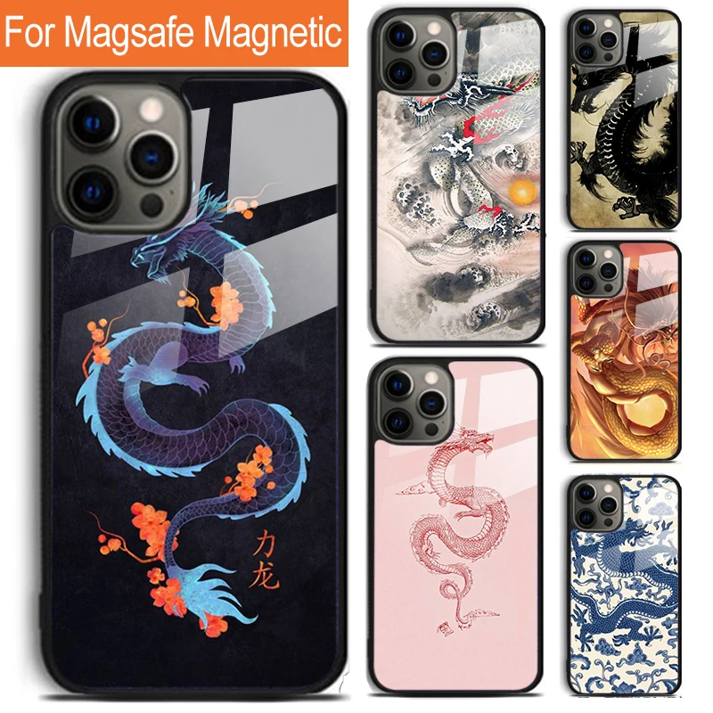 

Модный китайский Винтажный чехол для телефона с драконом для iPhone 16 15 14 13 12 11 Pro Max Plus Magsafe, Магнитный чехол с беспроводной зарядкой