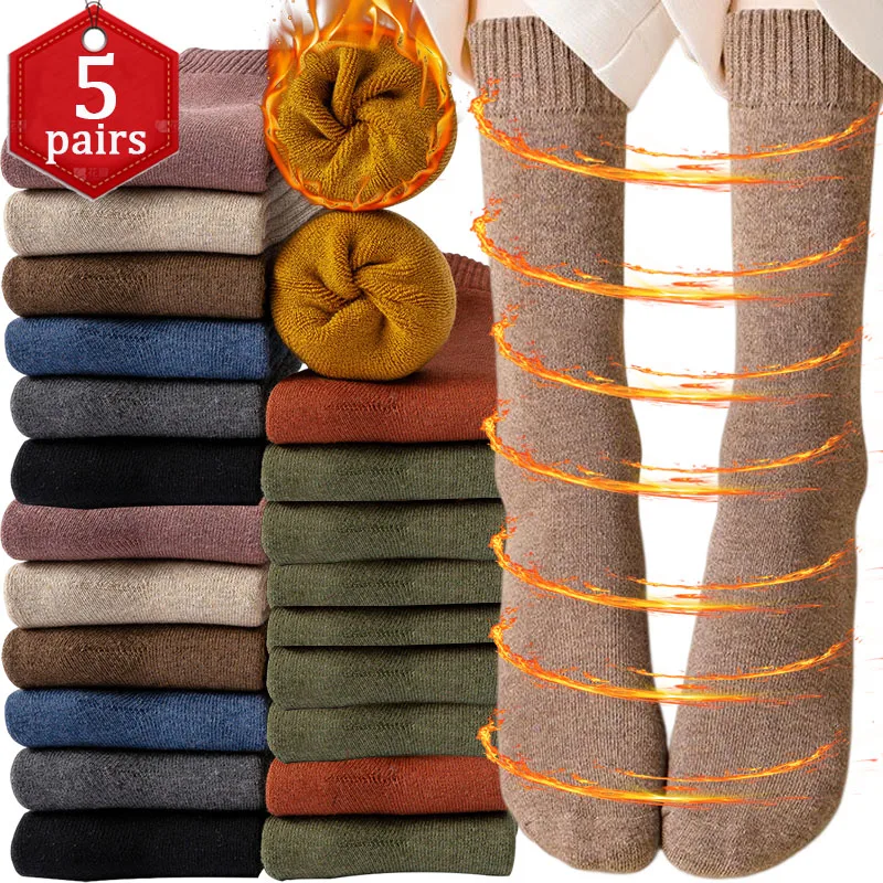 

5pairs Wool Warm Socks Male Men Women Socks Solid Socks Merino Wool Socks Against Cold Snow Terry Winter Super Thicker Socks