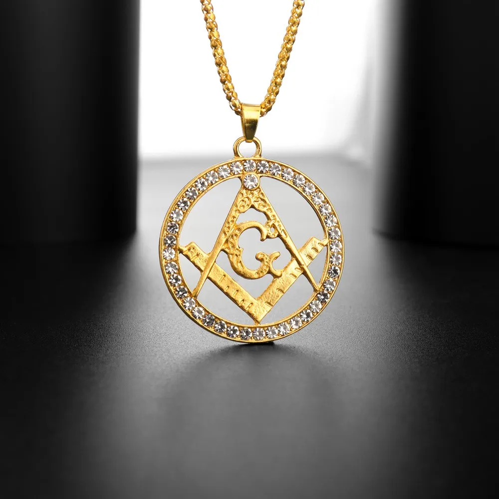 AG Masonic Round Men\'s Necklace Sliding Crystal Inlaid Pendant Metal Necklace Accessories Party Jewelry