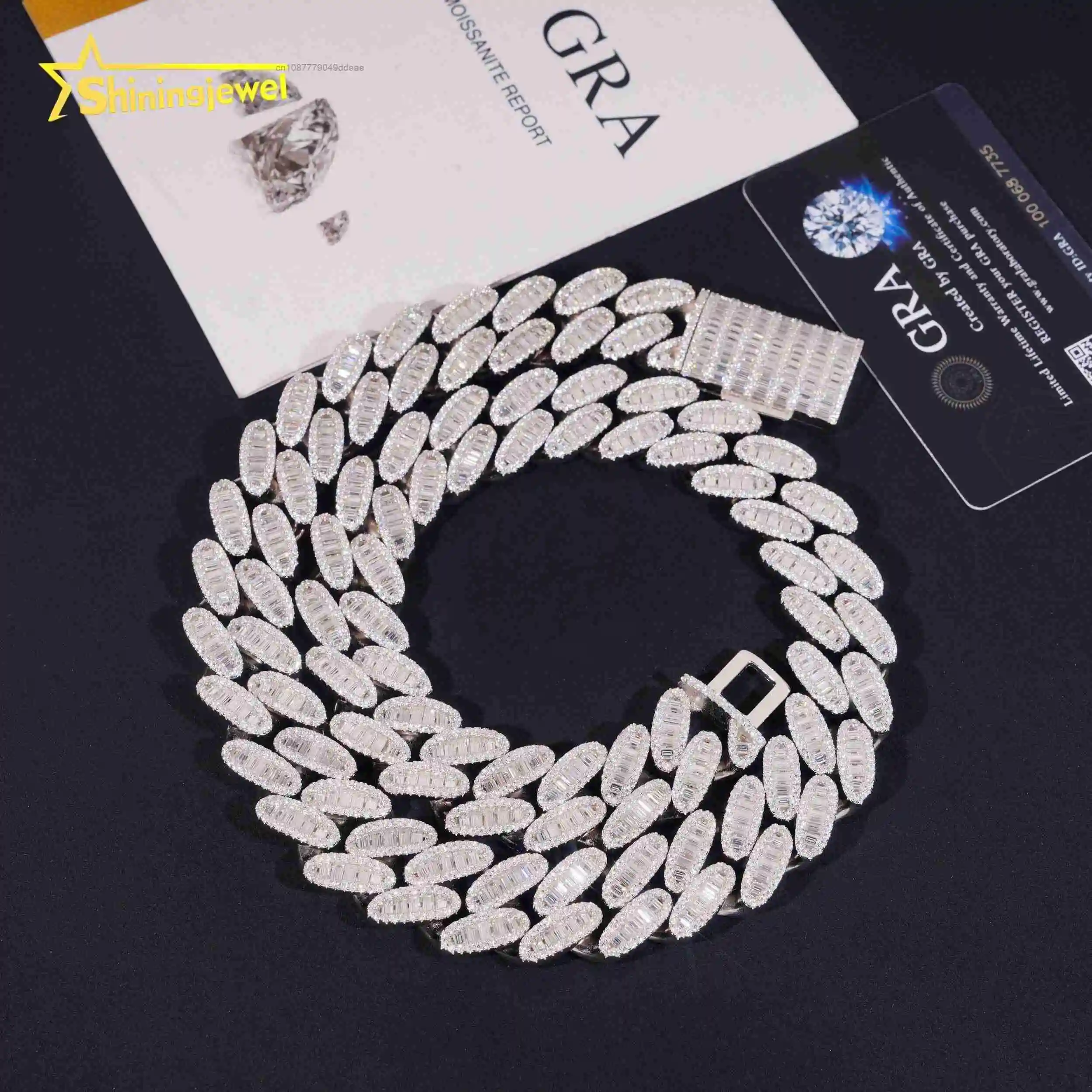 

Hip Hop Luxury 20mm Heavy Baguette Diamond Iced Out VVS Moissanite 925 Sterling Silver Cuban Link Chain