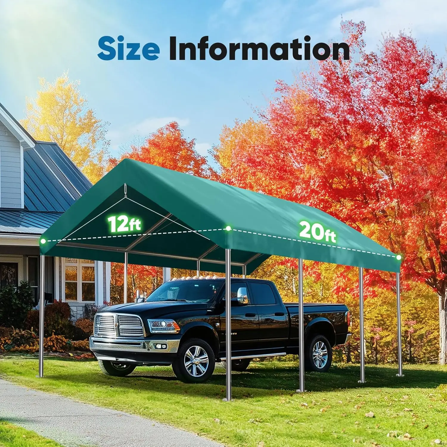 Replacement Top Cover Tarp for 12x20 ft Carport Canopy with Ball Bungees, Green, One Roof Only