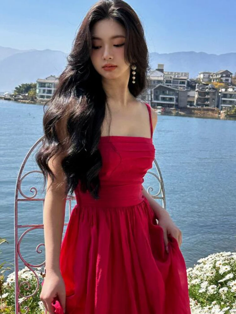 Rosy Dress Women Floor Length Sleeveless Elegant Party Simple Casual Summer Holiday Female All-match Vintage Korean Style New