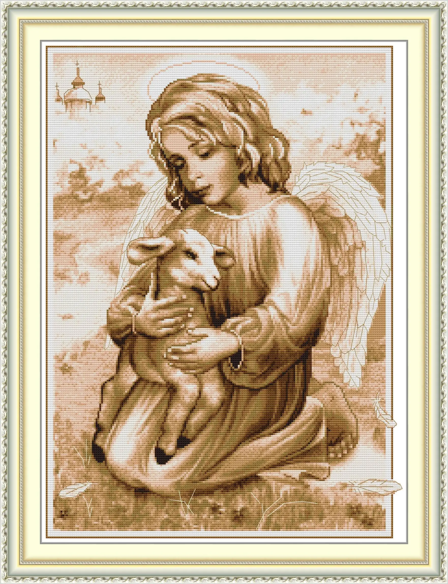 

Soulgift News Набор для вышивки крестом с предварительной печатью, штампованная ткань Aida с нитками DMC, набор для вышивания - ангел и баранина