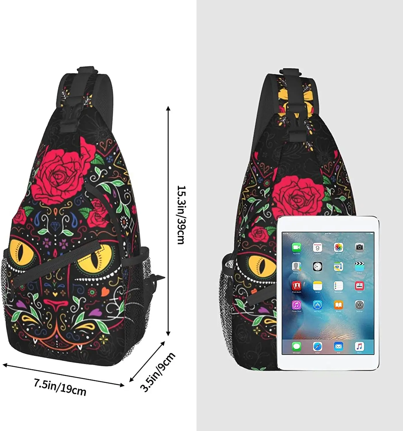 Mochila de hombro con tirantes para hombre y niño, morral cruzado para deportes al aire libre, Día de los muertos, gatito, gato, calavera de azúcar