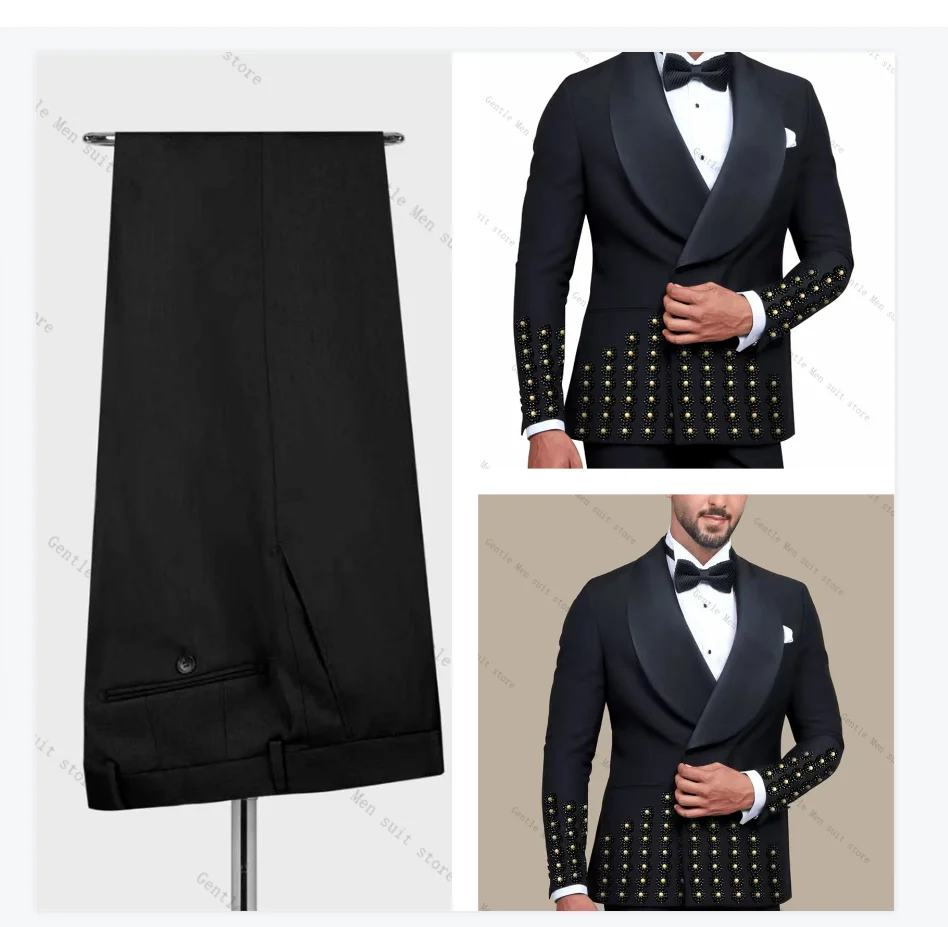 

Luxury Crystals Men Suit Set 2 Pcs Blazer+Pants Trouser Double Breasted Wedding Tuxedo Formal Office Jacket Prom Coat Customized
