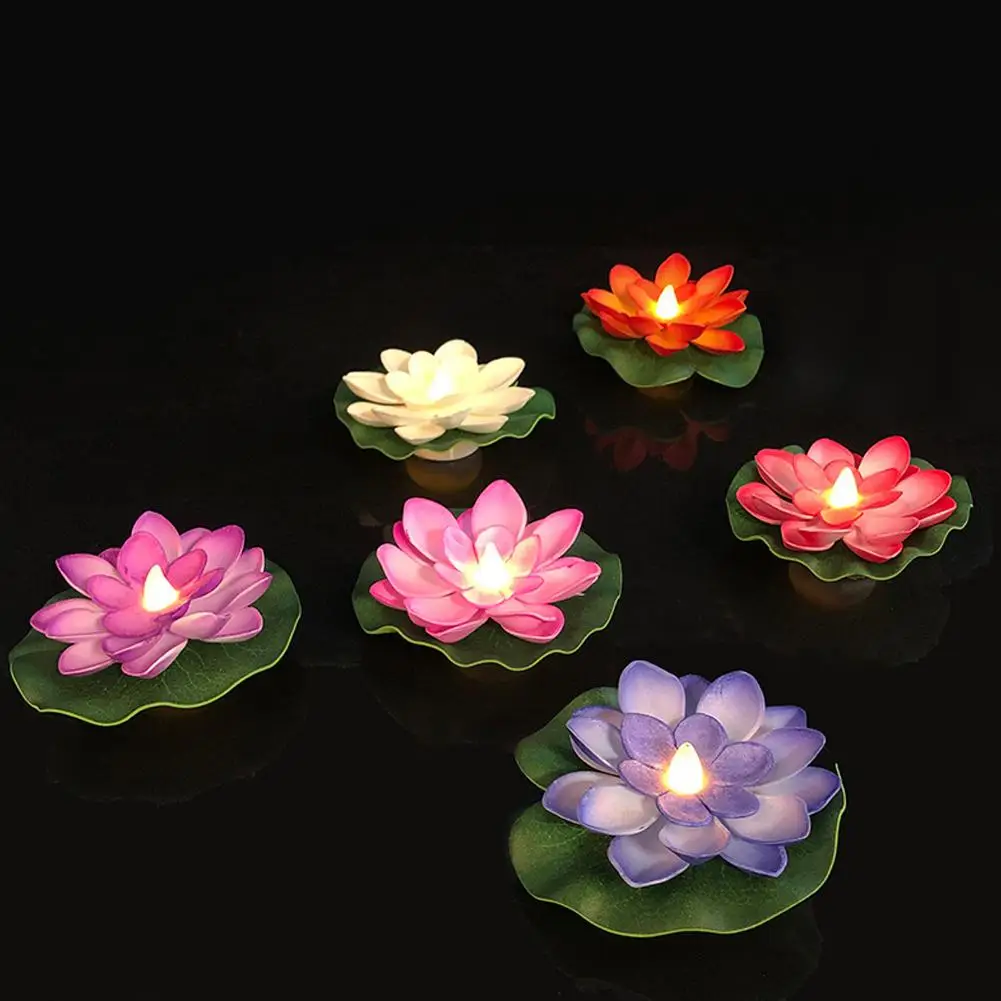 6pcs/set Simulated LED Floating Water Sensing Lotus Lamp EVA Shine Colorful Simulated Candle River Lanterns Glow Night Light