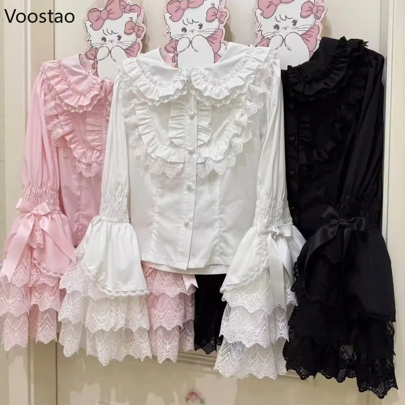 Japonês doce estilo lolita blusas femininas bonito rendas peter pan colarinho arco alargamento manga longa camisas góticas feminino kawaii y2k topos