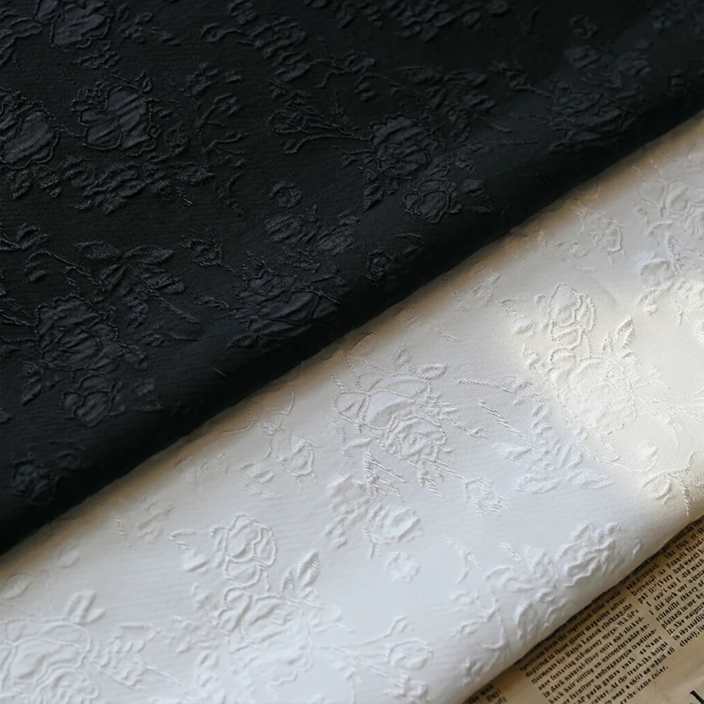 150Cm Wide 3D Embossed Rose Bubble Dyed Jacquard Polyester Fabric 4 Way Stretch Soft Drape Vintage Dress Woven Cloth F200