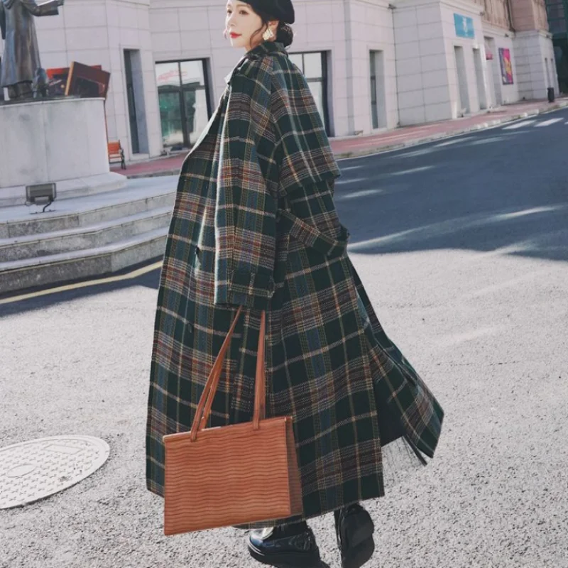 Veste en laine à carreaux vintage pour femmes, pardessus élégant, ceinture longue adt, manteau à simple boutonnage, nouveau coupe-vent en laine, printemps et automne