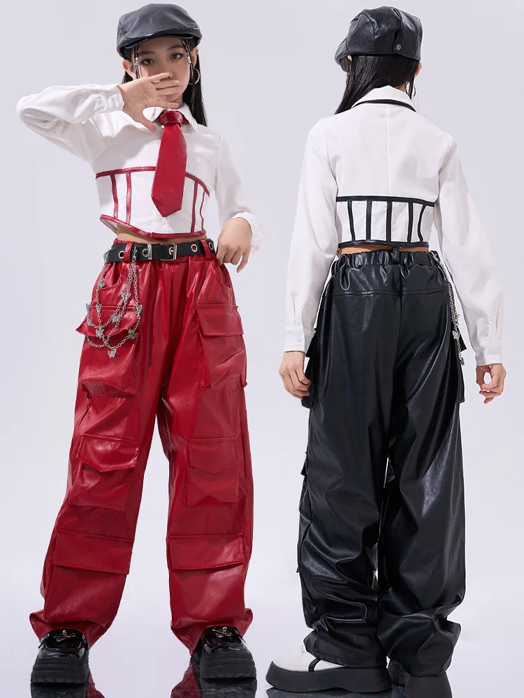 الفتيات الهيب هوب المحاصيل الأعلى بولي Leather السراويل الجلدية البضائع الطفل زي مدرسي ازياء الاطفال الشارع الشهير الجاز K-pop شارع الرقص الملابس مجموعات
