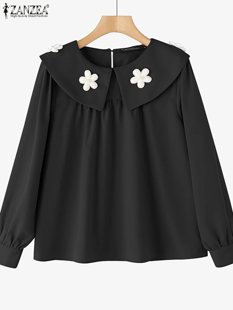 

Spring Elegant Long Sleeve Flower Blouse ZANZEA Women Tops Stylish Lapel Neck Pleated Blusas Casual Loose Chemise Female Shirt