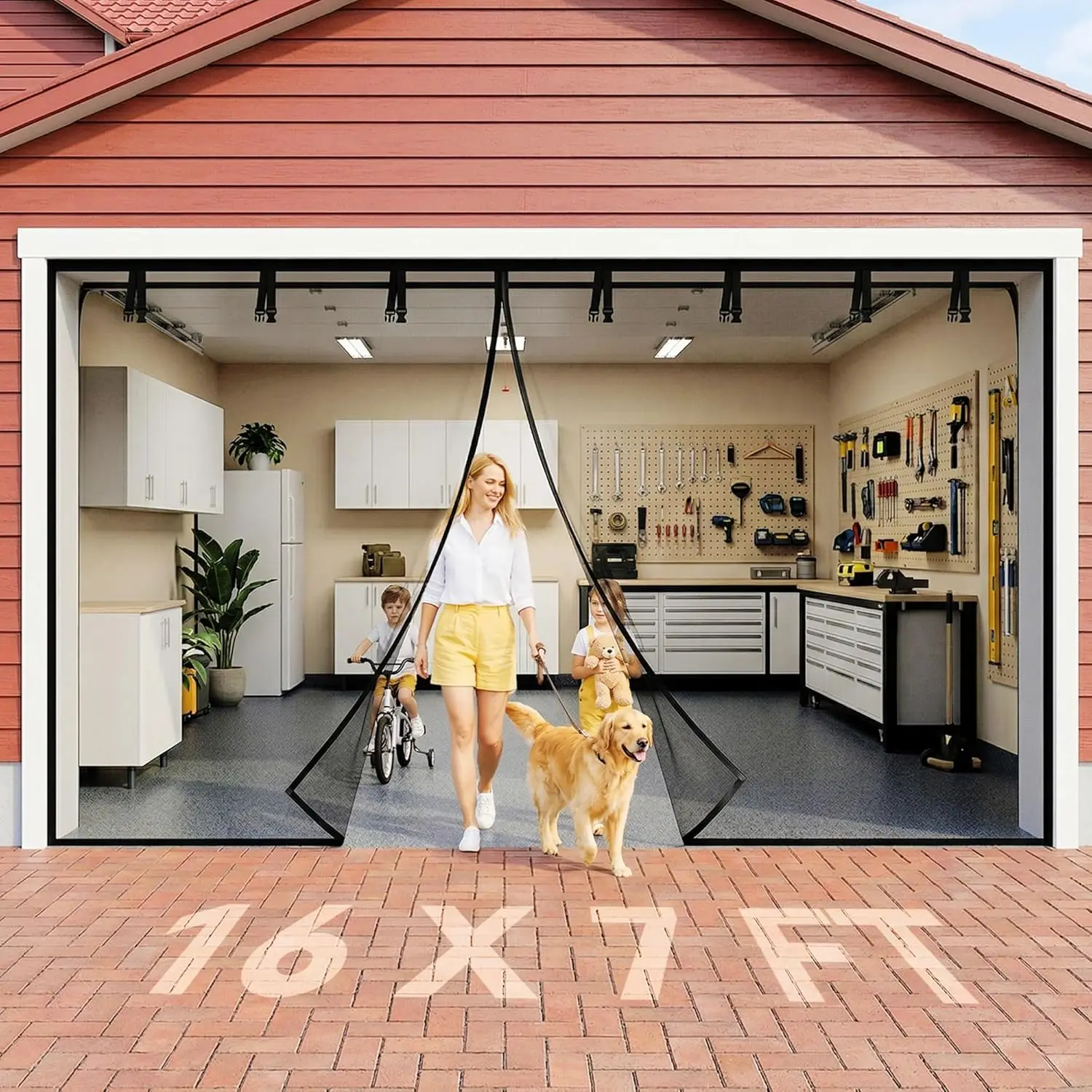 Garage Door Screen 16x7 FT for 2 Car Garage, Heavy-Duty Reinforced Fiberglass Mesh with 58 Magnets, Magnetic Closure, Weighte