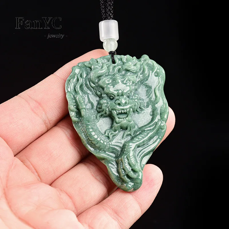 Natural Jadeite Dragon in Bean Green Pendant  Three-Dimensional Carving Luxurious Sophisticated Jade Necklace Men and Women Gift