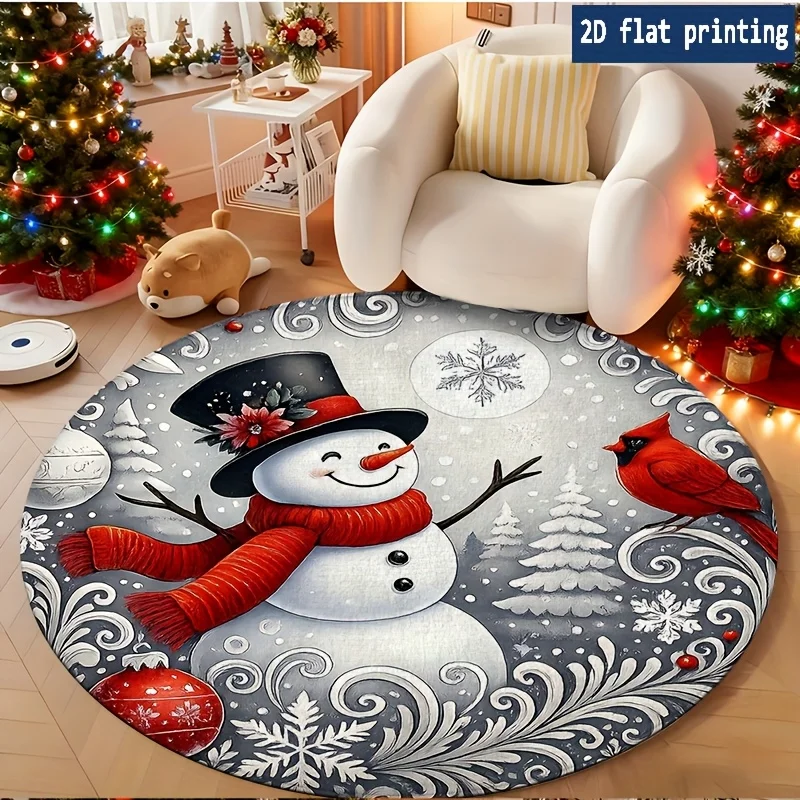 Grey Tone Snowflake Pine Tree Snowman Circular Rug for Bedside Sofa Chair Entrance Holiday Floor Mat Present Washable Floor Mat