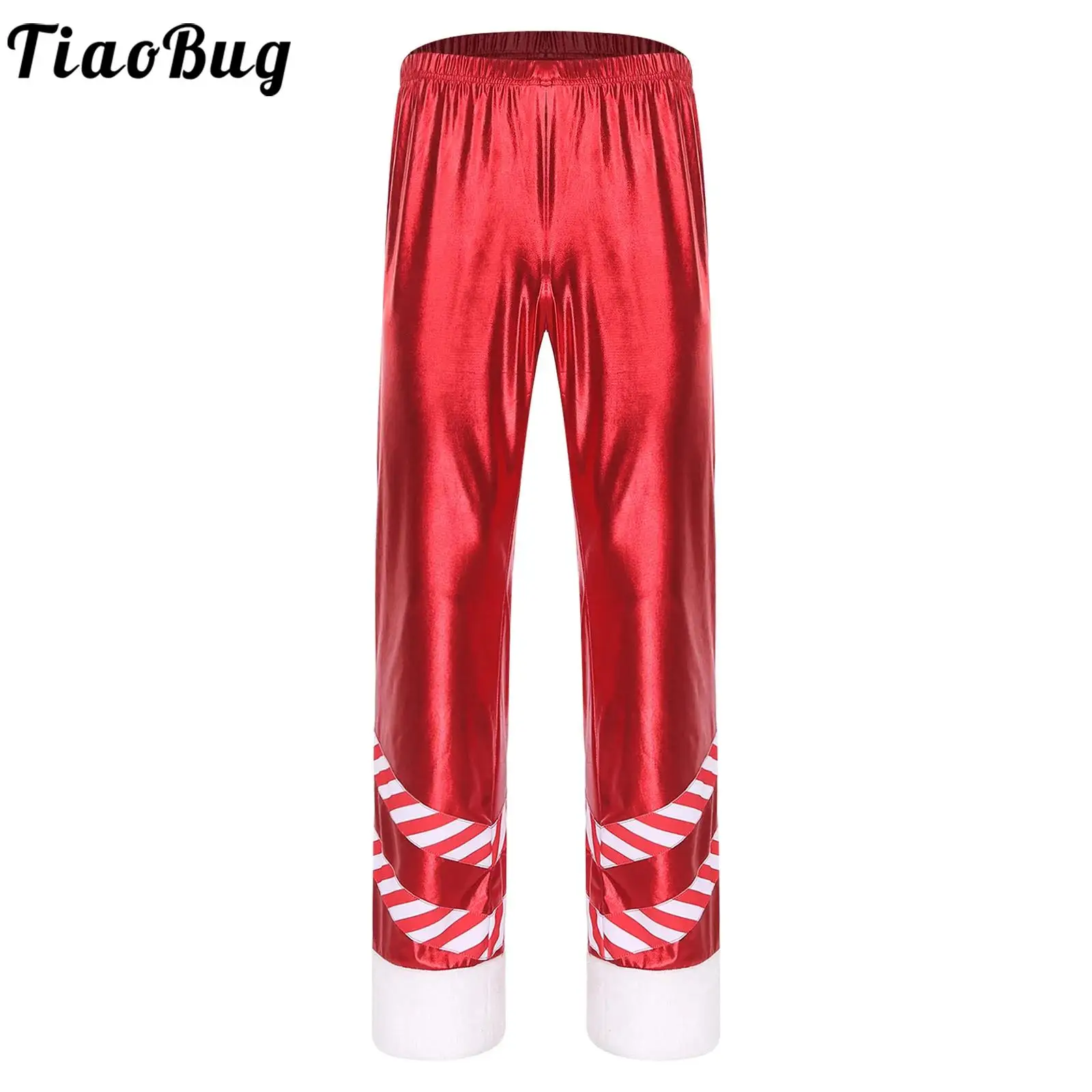 الرجال سانتا مخطط زي أداء السراويل المعدنية لامعة مطاطا حزام واسعة الساق السراويل الطويلة لعيد الميلاد السنة الجديدة تأثيري الطرف